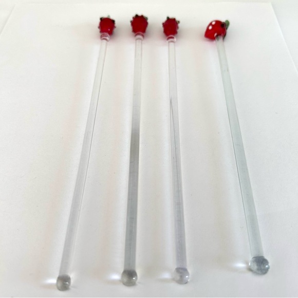 Glass Swizzle Stir Sticks Lot Of 4 Strawberries Hand Blown Art Strawberry - Picture 3 of 8